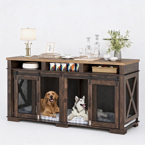 Double Dog Crate Furniture, XL Wooden Kennel with Sliding Barn Doors & Storage
