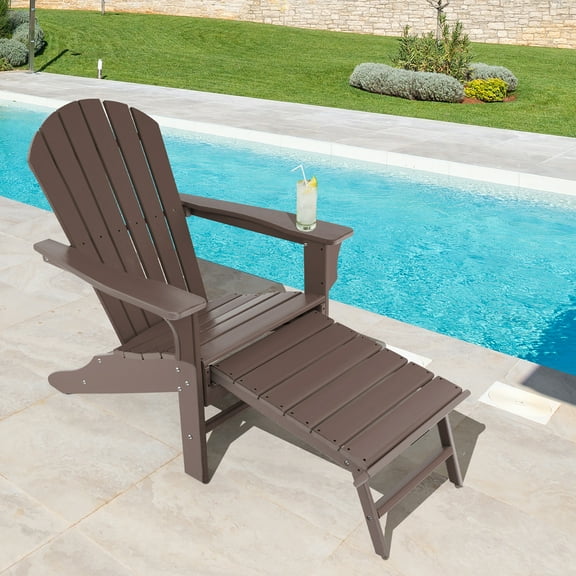Costway Outdoor Patio HDPE Deck Adirondack Chair Beach Seat Retractable Ottoman Coffee