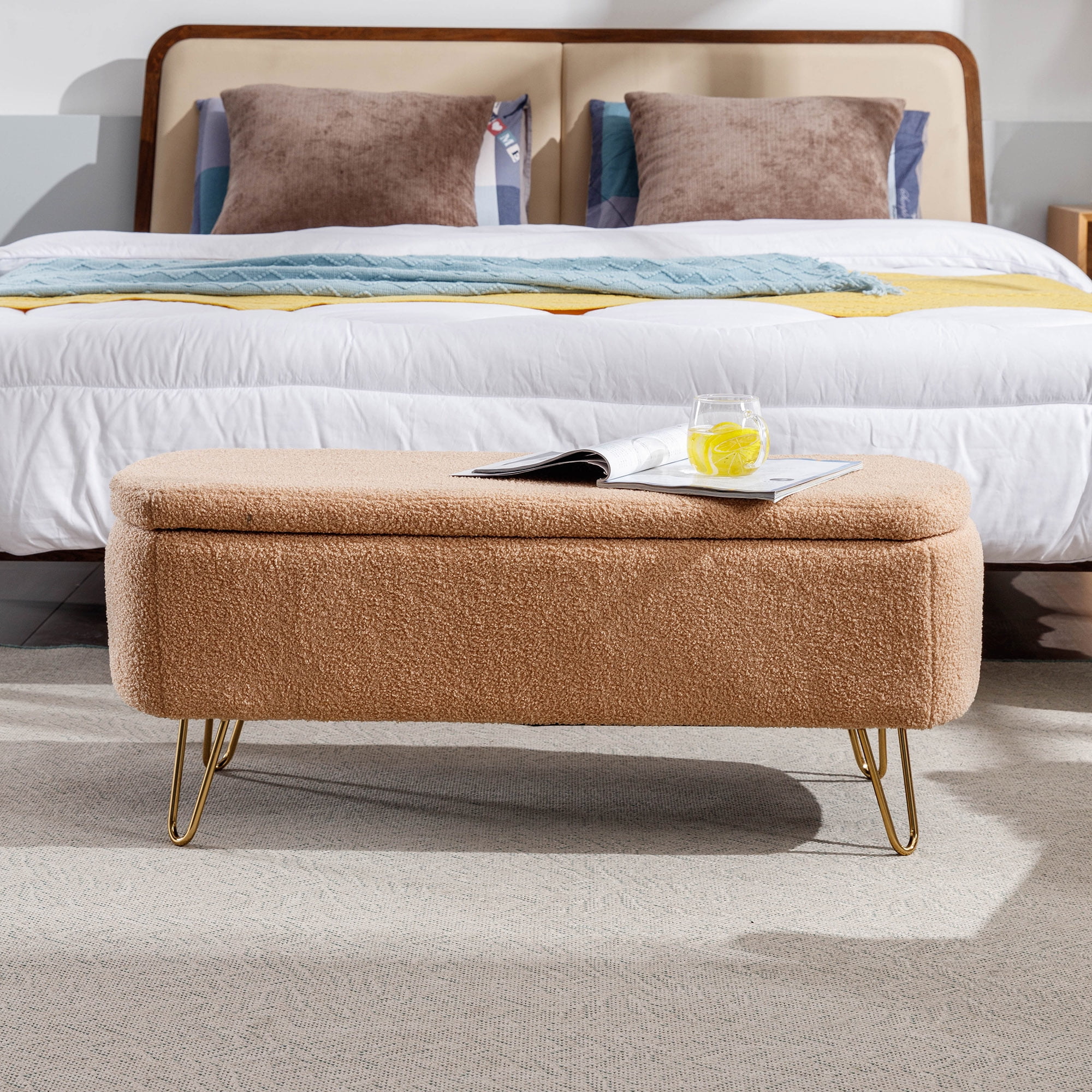 Miniyam 15.5"H Storage Bed Bench with Gold Legs for Bedroom, Entryway, Camel