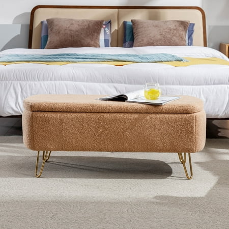 Camel Storage Ottoman Bench for End of Bed Faux Fur Entryway Bench Upholstered Padded with Storage for Living Room Bedroom with Gold Legs