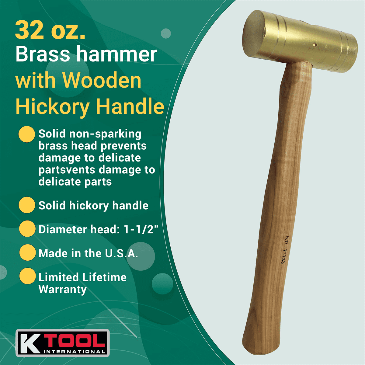 K Tool International 71733 32 oz. Brass Ball Pein Hammer with Hickory Wooden Handle for Garages, Repair Shops and DIY, Solid Brass Head, Non Sparking, 1-1/2" Head, A