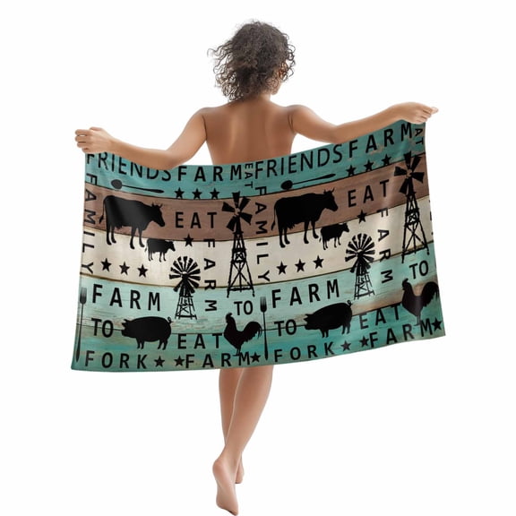 Beach Towel Chicken Cow Pig Bath Pool Towels Farmhouse Animal Windmills Teal Wood Absorbent Beach Towel Soft Large Quick Dry Lightweight Travel Sports Yoga Gym Swim Towels for Adult 35x70 Inch