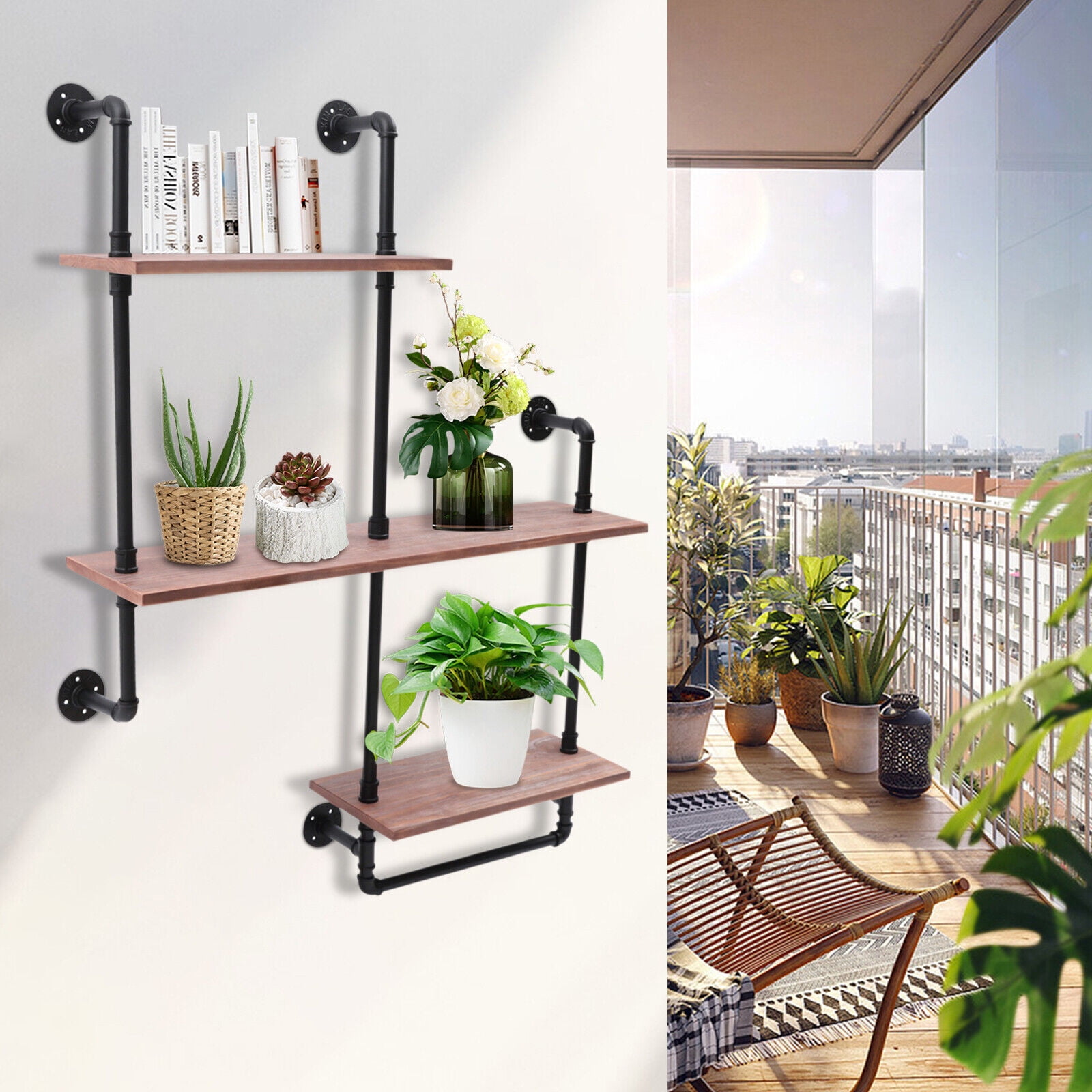 Aohuada Industrial 3Tiers Wall Mounted Storage Rack, Pipe Rustic