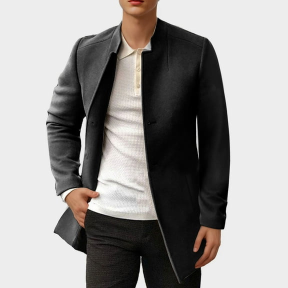 Pejock Men's Trench Coat with Button-Closure and Pockets, Long Sleeve Hoodless Casual Outerwear for Fall Winter Daily Wear, Lightweight Polyester Fashion Coat