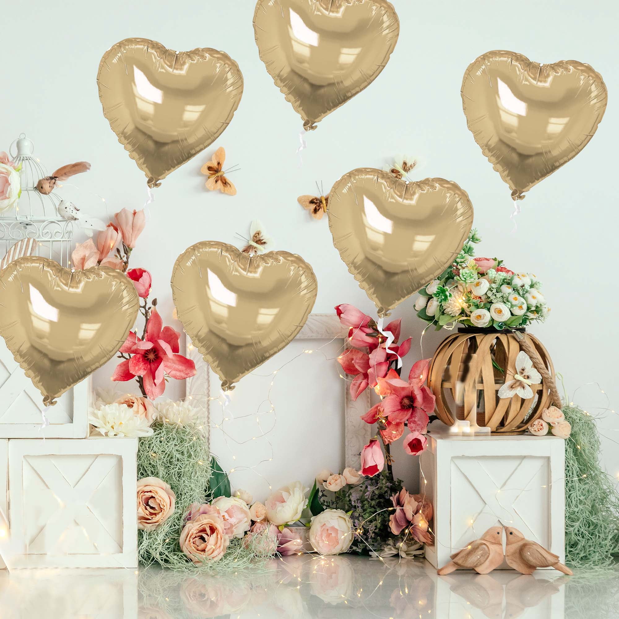 Unique Bargains 10Pcs Helium Balloons with Ribbon Heart Pattern White Gold