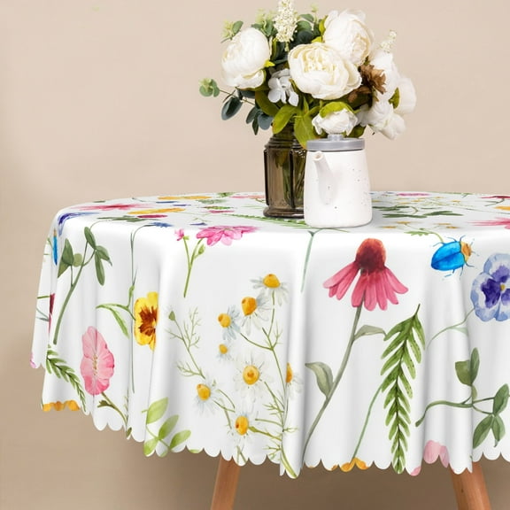 Nanqianyi Colorful Wildflower Round Tablecloth Waterproof & Oil 60 inch for Indoor Kitchen, Outdoor Picnic Decor