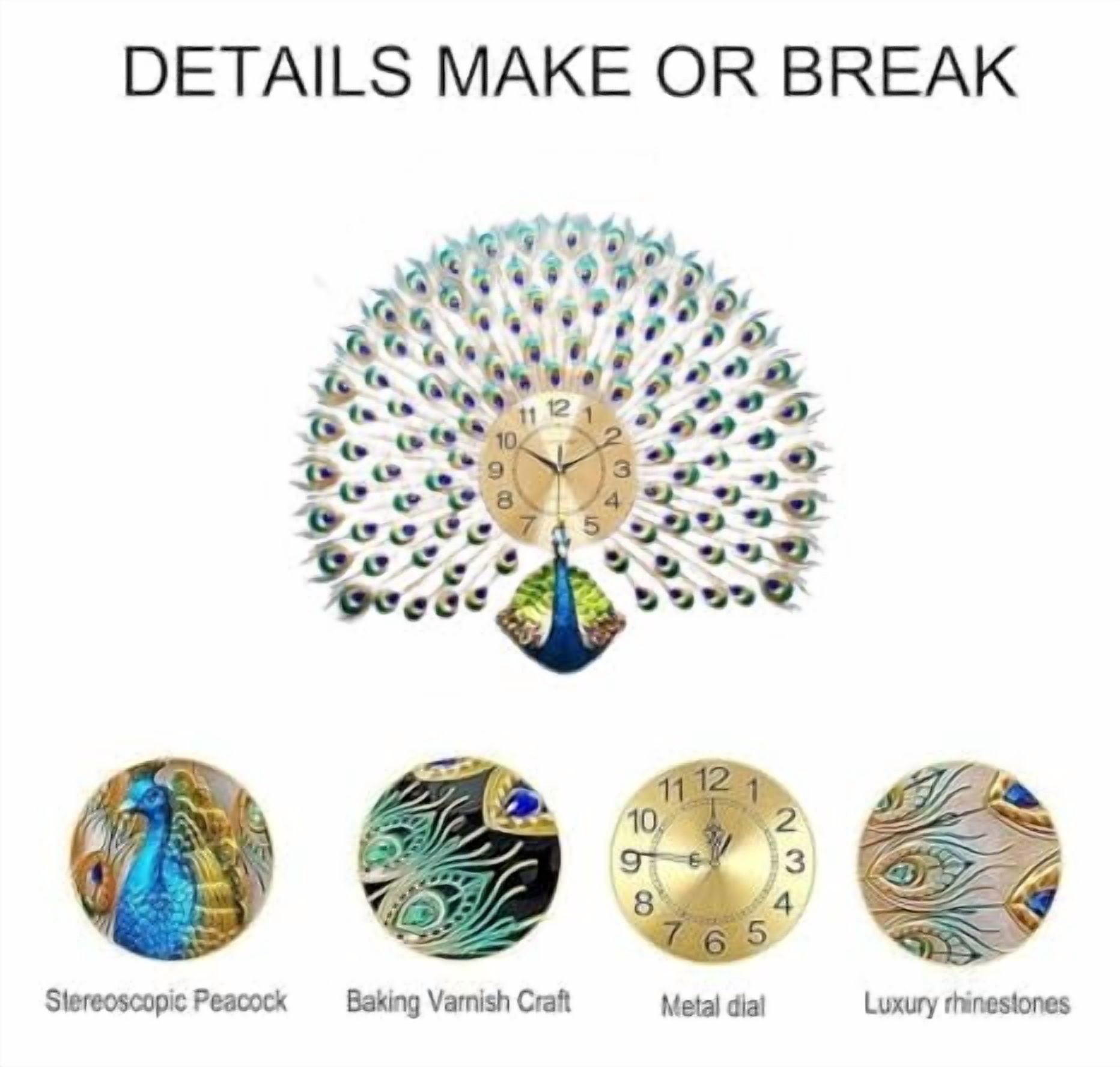 MONK FOREST European Peacock Wall Clock - Exquisite Crystal Luxury Home Decor with Metal Blue Bird - Ideal for Living Room - Creative Artistic Timepiece