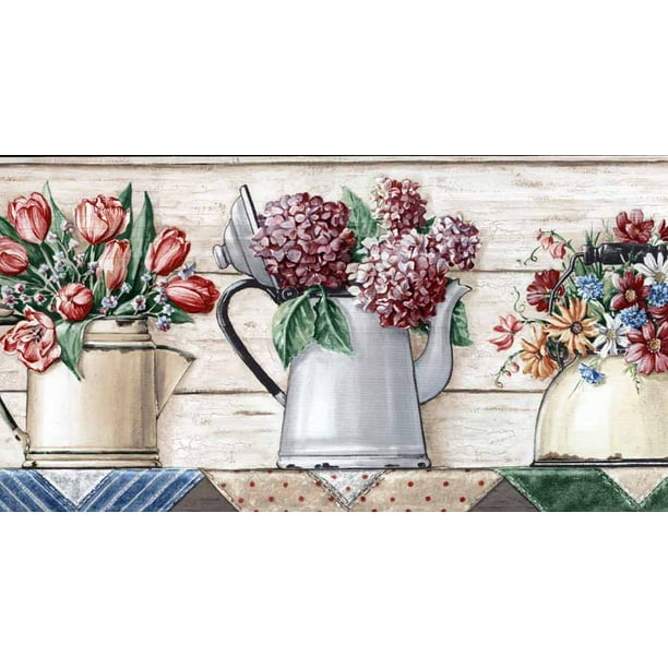 Teapots & Kettles With Flowers On Shelf Wallpaper Border - Village - Teapots & Kettles With Flowers On Shelf Wallpaper Border - Village -