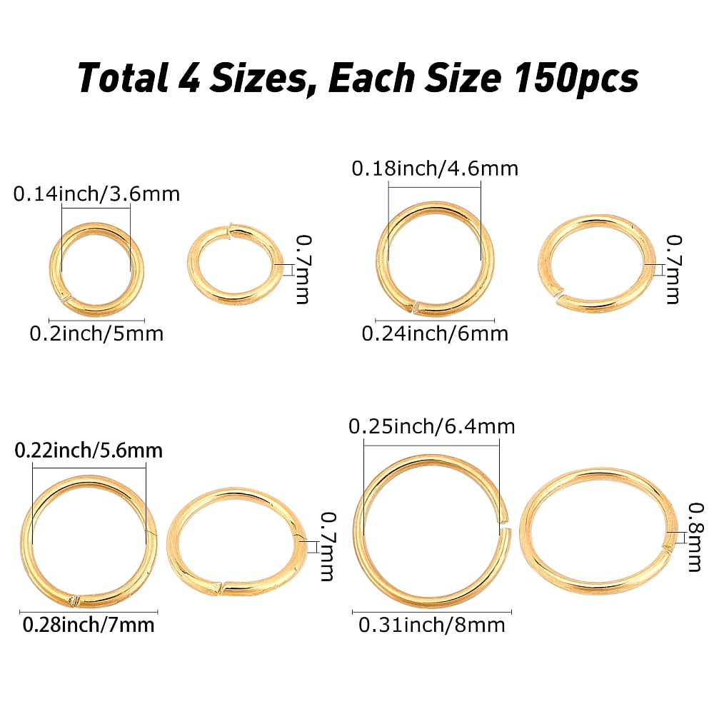1 Box 600Pcs 4 Sizes Golden Jump Rings 18K Real Gold Plated Brass Open Ring Unsoldered Round Connectors Kit for Jewelry Making