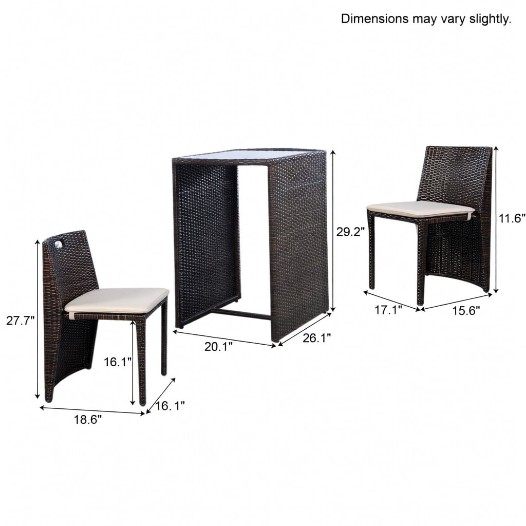 Hommoo 3-Piece Cushioned Wicker Bistro Set, PE Rattan Chairs & White Polyester Cushions, Patio, Porch, Poolside or Garden Furniture, Brown