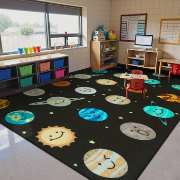 Planet Smiley Face Classroom Rug, Washable Educational Daycare Rug For Kids Room Seating, Non-Slip Classroom Rug Teacher Rug For Teaching And Playroom 1x2ft