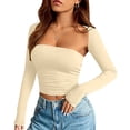 thumbnail image 2 of IWRICH Women's 2 Piece Long Sleeve Y2k Cardigan Bolero Shrug Set Strapless Going out Crop Top Fashion T-Shirt Tank Tops Beige XS, 2 of 8