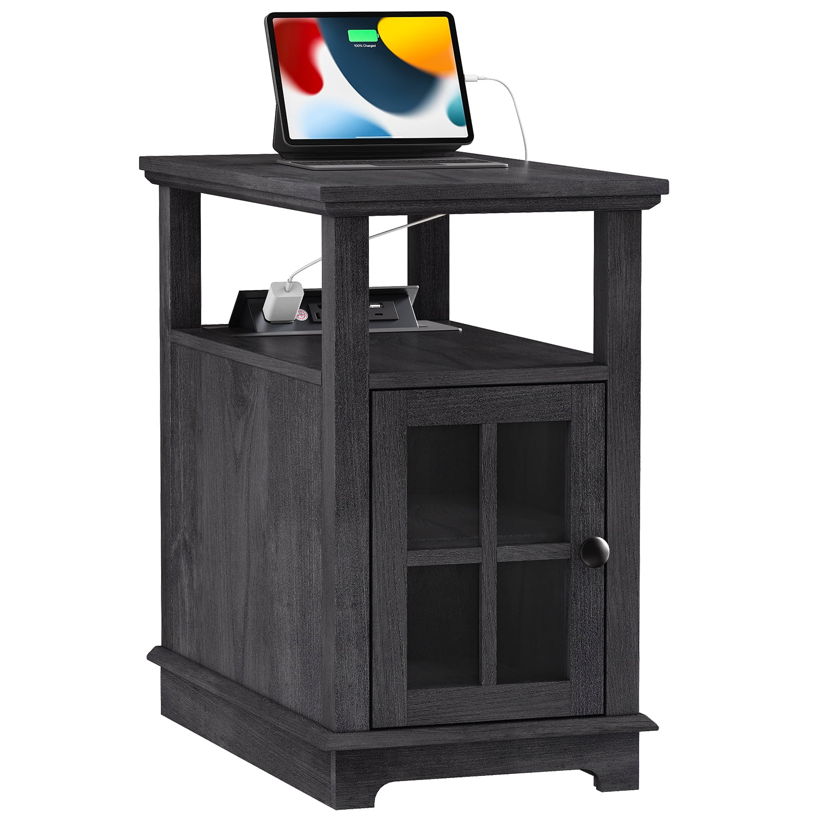 FAGAGA End Tables for Living Room,Wooden Nightstand for Bedroom with Charging Station,Blackgrey