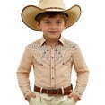 thumbnail image 4 of Huowey Boys Western Cowboy Shirts Floral Print Embroidery Button Down Long Sleeve Casual Regular Fit Elegant Fashionable Cozy Carnival Tshirt Clothes Casual Cute Basic Tees,Khaki,6-7 Years, 4 of 4