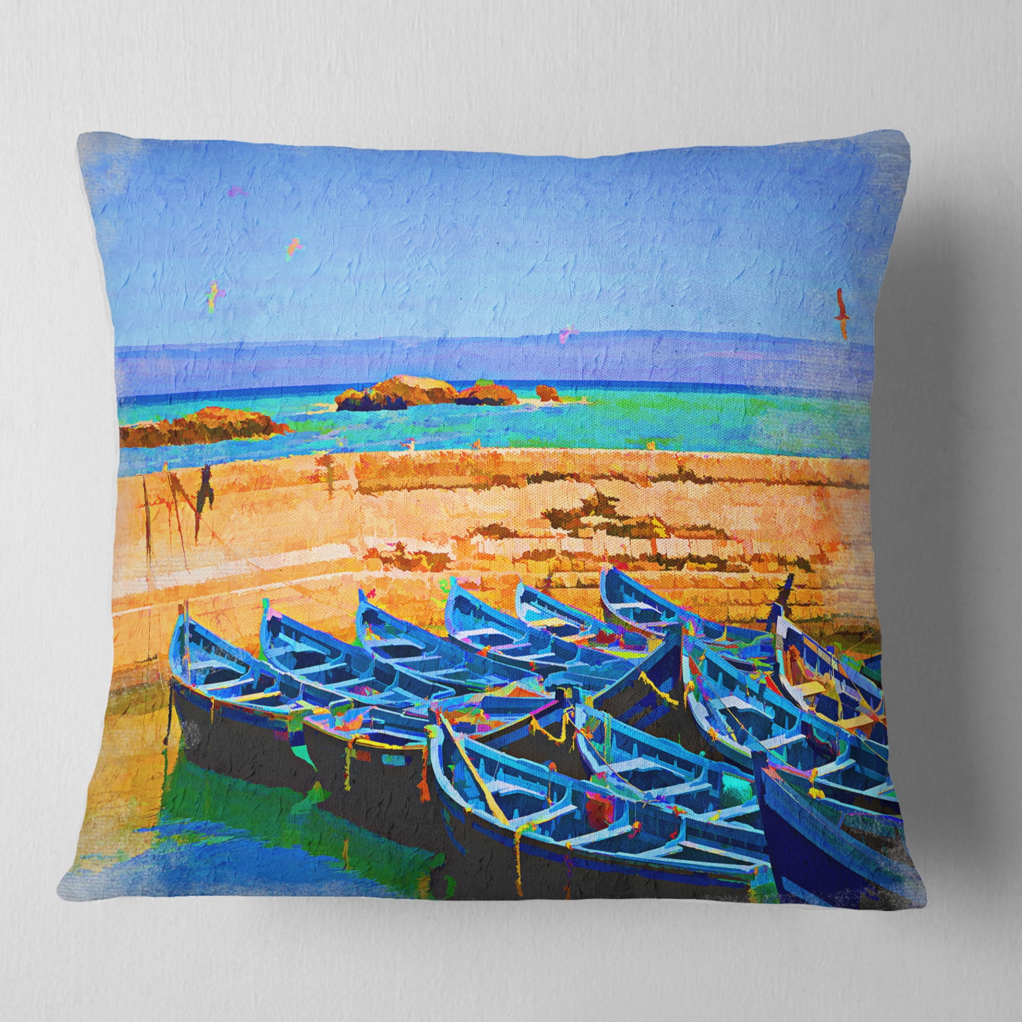 Designart Blue Boats in Sea - Seascape Throw Pillow - 18x18