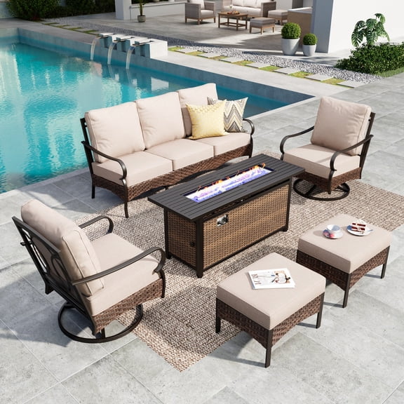 SUMMIT LIVING 7-Seat Outdoor Patio Furniture Set with 57" Fire Pit Table, Outdoor Patio Conversation Set with Swivel Chairs, Beige