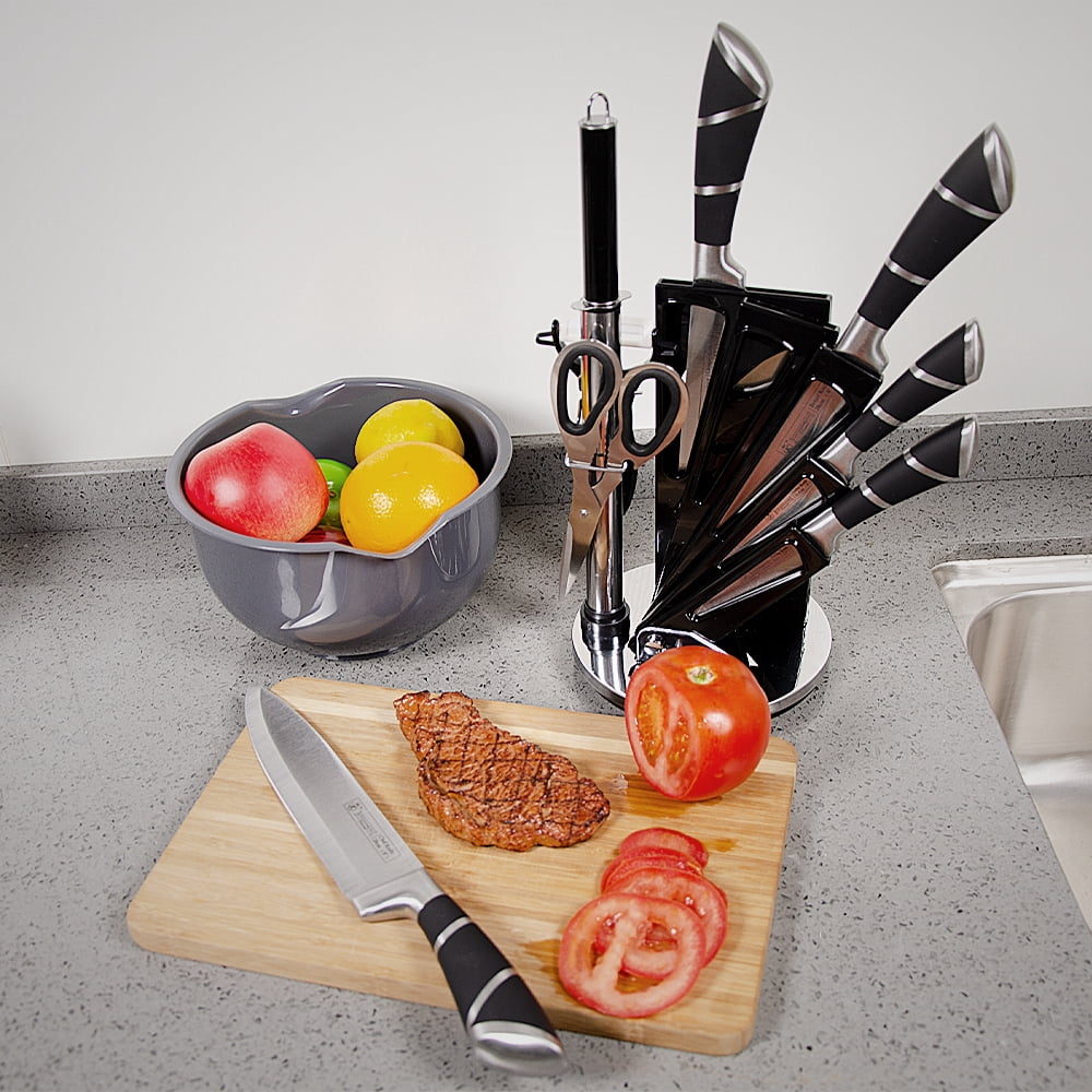 Knife Set 8 Pieces Black Kitchen Knife Set with Acrylic Stand, High Carbon Stainless Steel,KEPEAK Non Stick Coated Knife Block Set, No Rust, Non Slip Handle, Sharp Knife