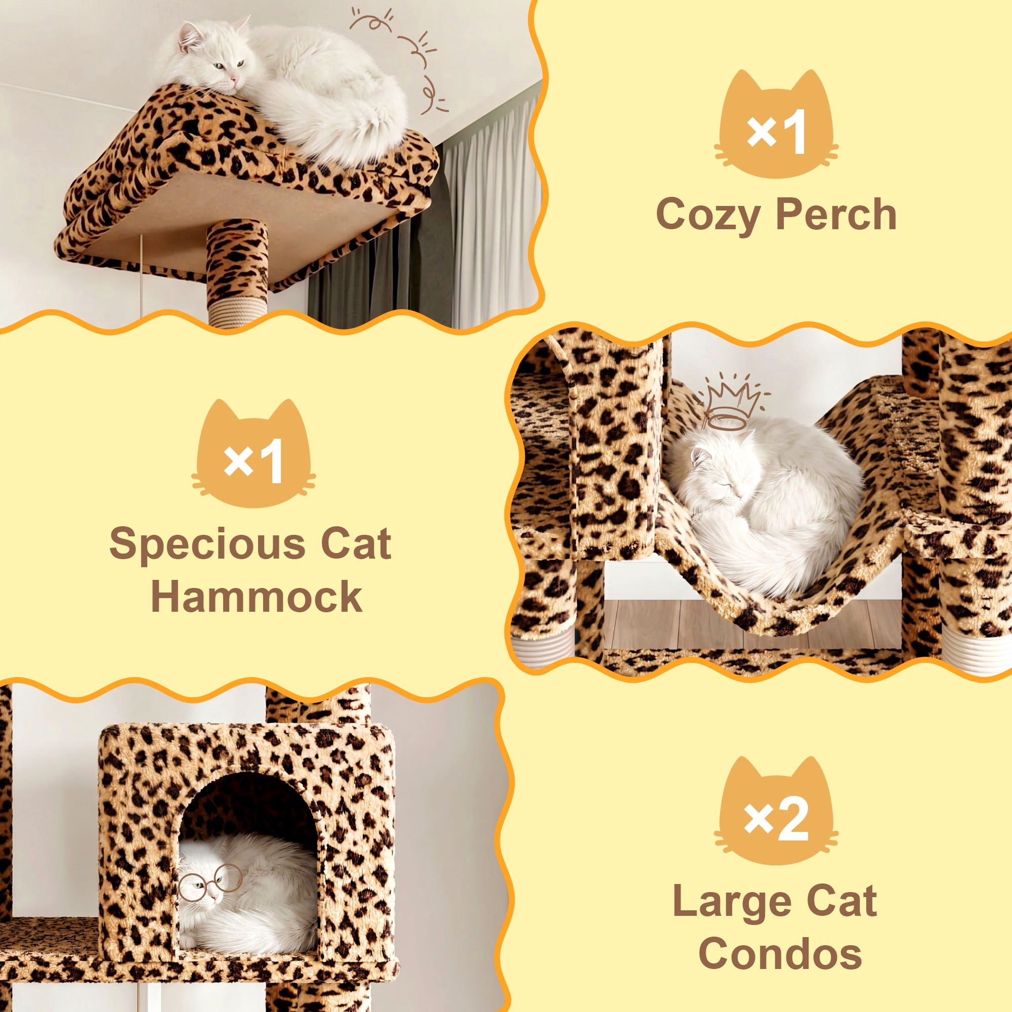 Merrland 82" Multi-Level Large Cat Tree Tower for Indoor Kitties, Cat Furniture with Plush Condo Hammock Top Perch, Sisal Scratching Posts & Ramp, Leopard Print