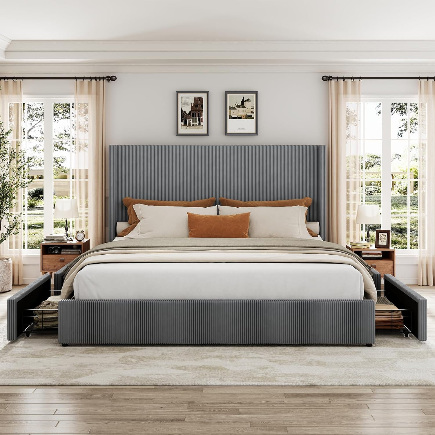 Queen Size Upholstered Platform Bed Frame with Storage Drawers, Corduroy Wingback with Tufted Headboard and Footboard, No Box Spring Needed, Grey