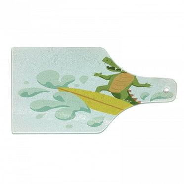 Ride the Wave Cutting Board, Crocodile Surfing Caricature Humor Wild Sea Illustration, Decorative Tempered Glass Cutting and Serving Board, Wine Bottle Shape, Olive Green Mint Yellow, by Ambesonne