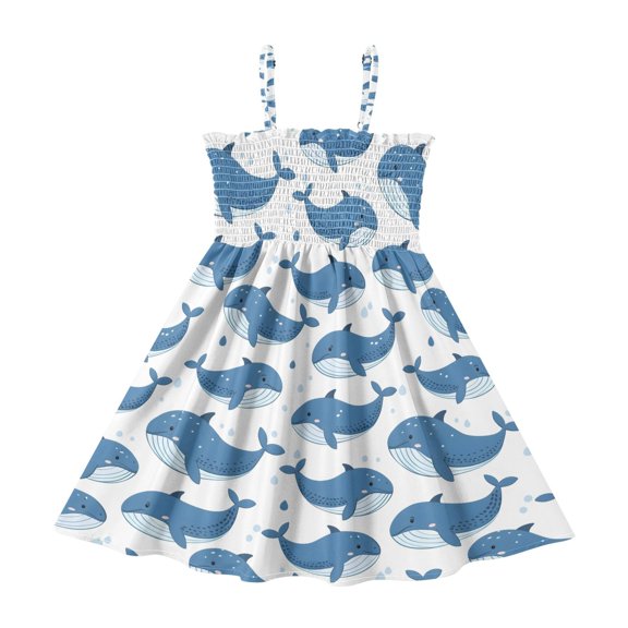 Summer Spaghetti Strap Cartoon Whale A Line Dress Casual Sleeveless Cami Sundress for Size 2-8 Years