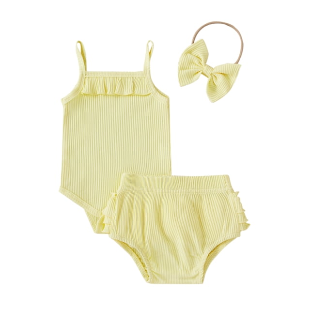 Diconna Baby Girls Outfit, Solid Color Suspender Romper, Casual Shorts