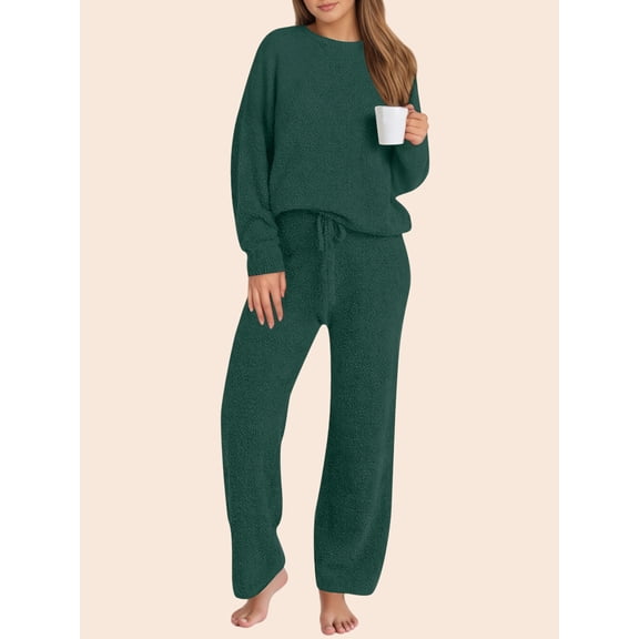 UVN Winter Pajama for Women Sweater Set Ladies Crewneck Tops and Long Pants Warm 2 Piece Loungewear