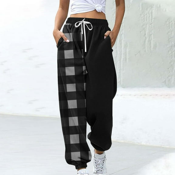 COSFO Plaid Women Sweatpants Black Casual Elastic Waist Joggers Taper Pants Adjustable Width Loose Drawstring Pants