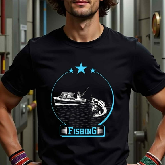 Men's Heavyweight Fishing Graphic T-Shirt - Black Crew Neck Tee with Boat & Catch Design, 180gsm All-Season Shirt for Fishing Trips, Outdoor Adventures, Valentine's, Thanksgiving - Ideal Gift for An