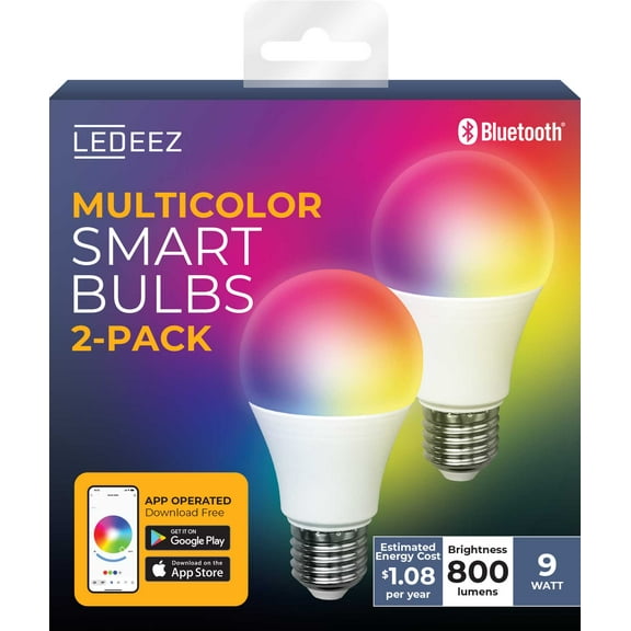 Ledeez 9W Multicolor General Purpose Smart Light Bulbs, Dimmable & App Operated (2 Pack)