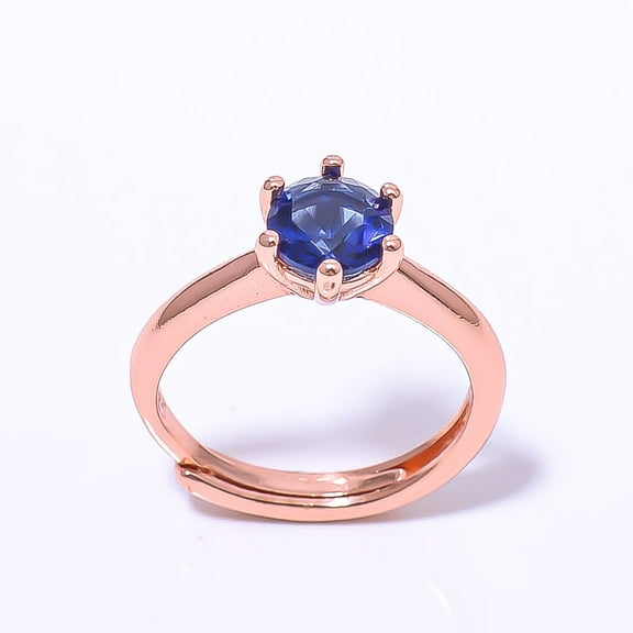 Blue Sapphire (Simulated) 925 Sterling Silver Rose Gold Plated Ring Adjst RC81-4, Beautiful Jewelry For Woman, New Year Sale, Valentin's Day Gift