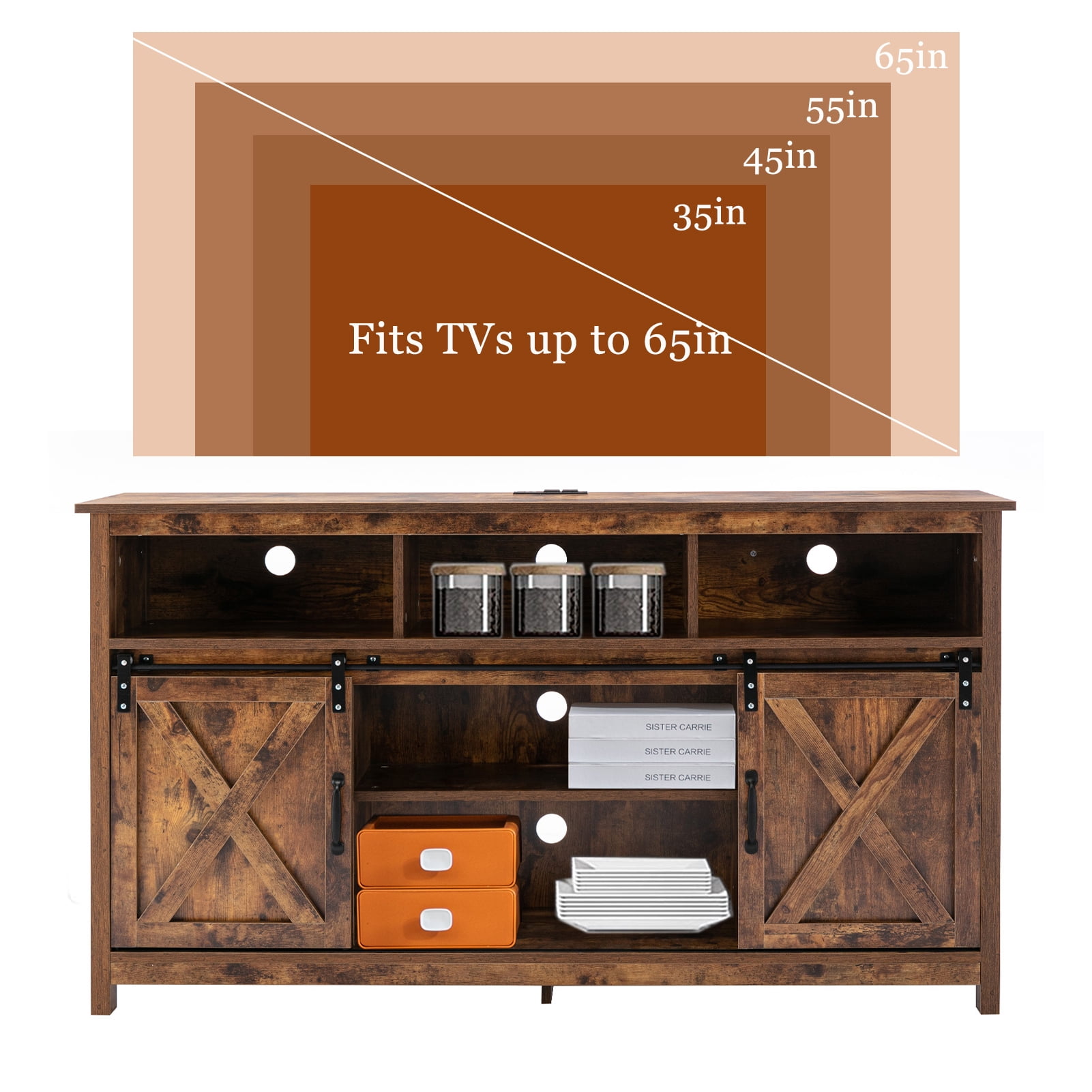 ANPOO Farmhouse TV Stand for 65 inch TVs, Rustic Entertainment Center TV Cabinet Stands with Power Outlets and LED lights