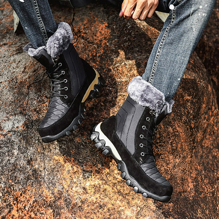Juebong Christmas Deals Men's winter round toe lace-up non-slip fleece warm  outdoor snow boots,8.5, Black 