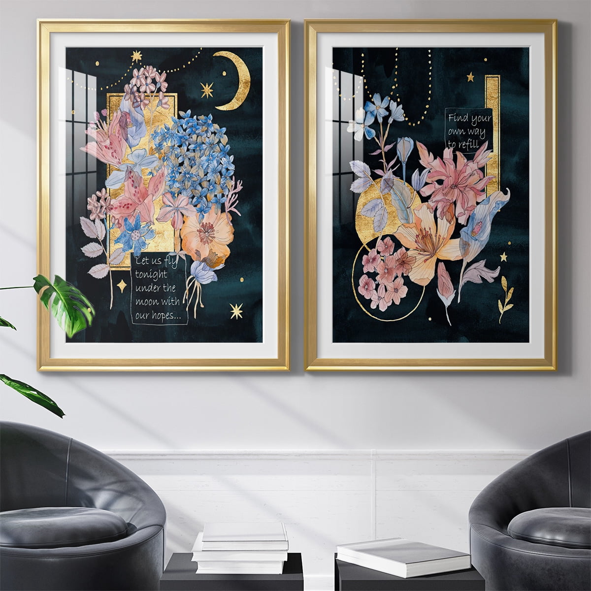 Wexford Home Moonlight Flowers I Premium Framed Print, 30.5" x 42.5" - Ready to Hang, Gold (Set of 2)