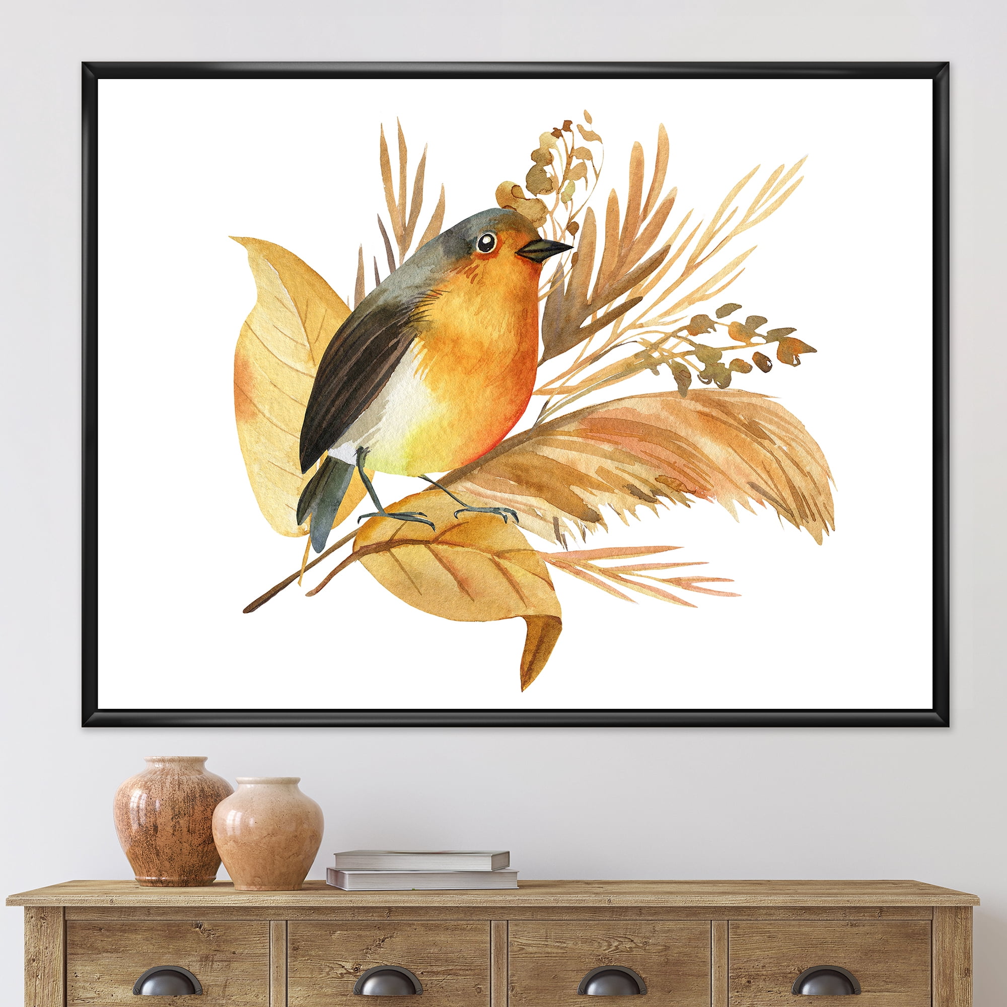Designart 'Autumn Flowers and Robin Bird' Traditional Framed Canvas Wall Art Print