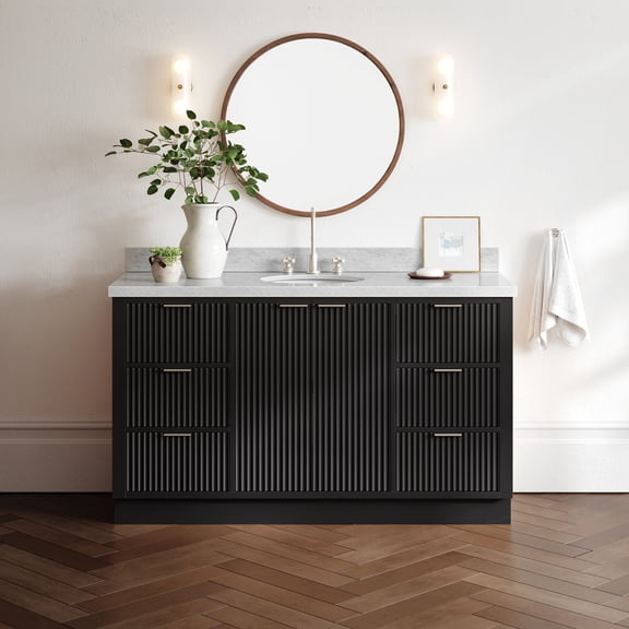 ARIEL Milan 61 Inch Single Oval Sink Bathroom Vanity with Carrara White Marble Countertop 1.5 Inch in Black