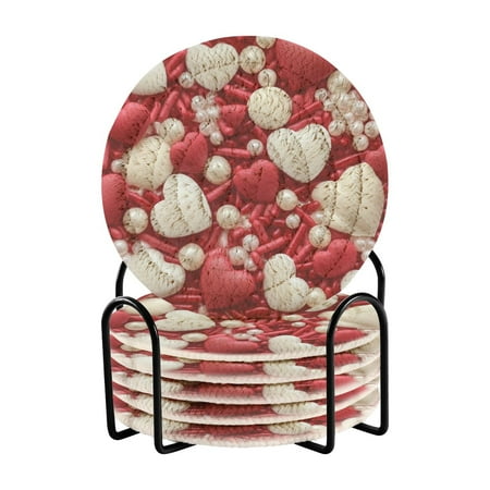 

6 Pcs Drink Coasters with Holder Absorbent Coasters Minimalist Home Decor Coaster Set Stylish Handmade Round Woven Coaster for Drinks Table Desk Protection Red and White Hearts and Pearls