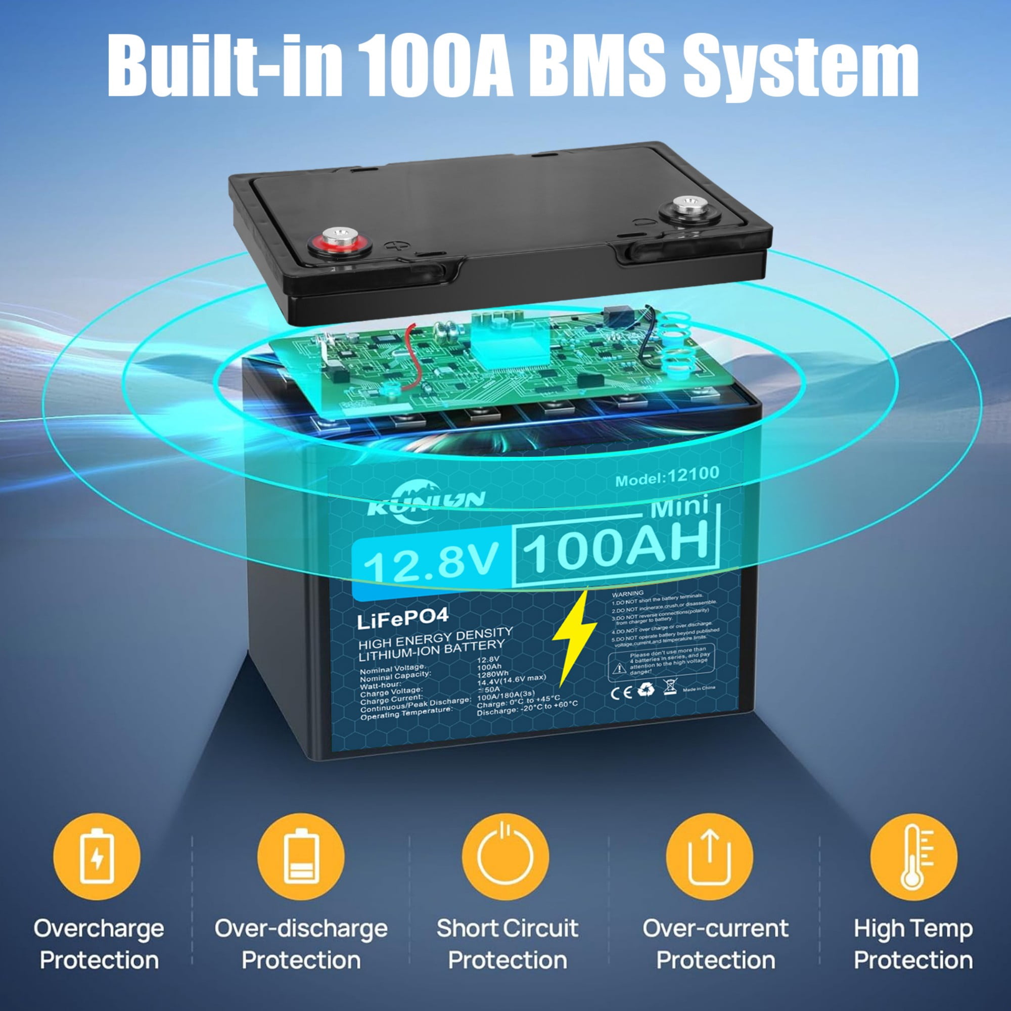 12V 100Ah LiFePO4 Lithium Battery, Deep Cycle, Perfect for RV, Trolling Motor