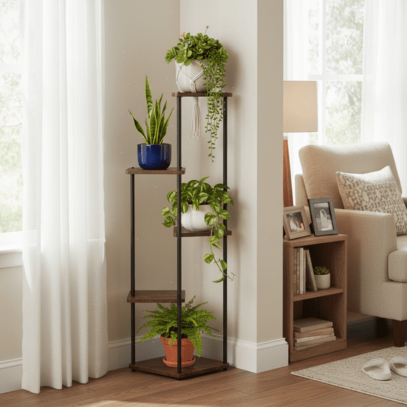 FurnitureR 4-Tier Metal Plant Stand with Wood Shelves, Tall Indoor Flower Pot Holder Rack for Living Room, Balcony and Office Decoration, Rustic Brown