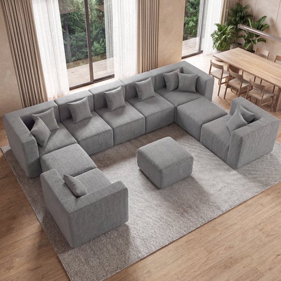 BEHOST Armless Center Cloud Couch & Couch Ottoman Sectional Sofa for Living Room wiht 2 Pillows, Chenille Light Gray