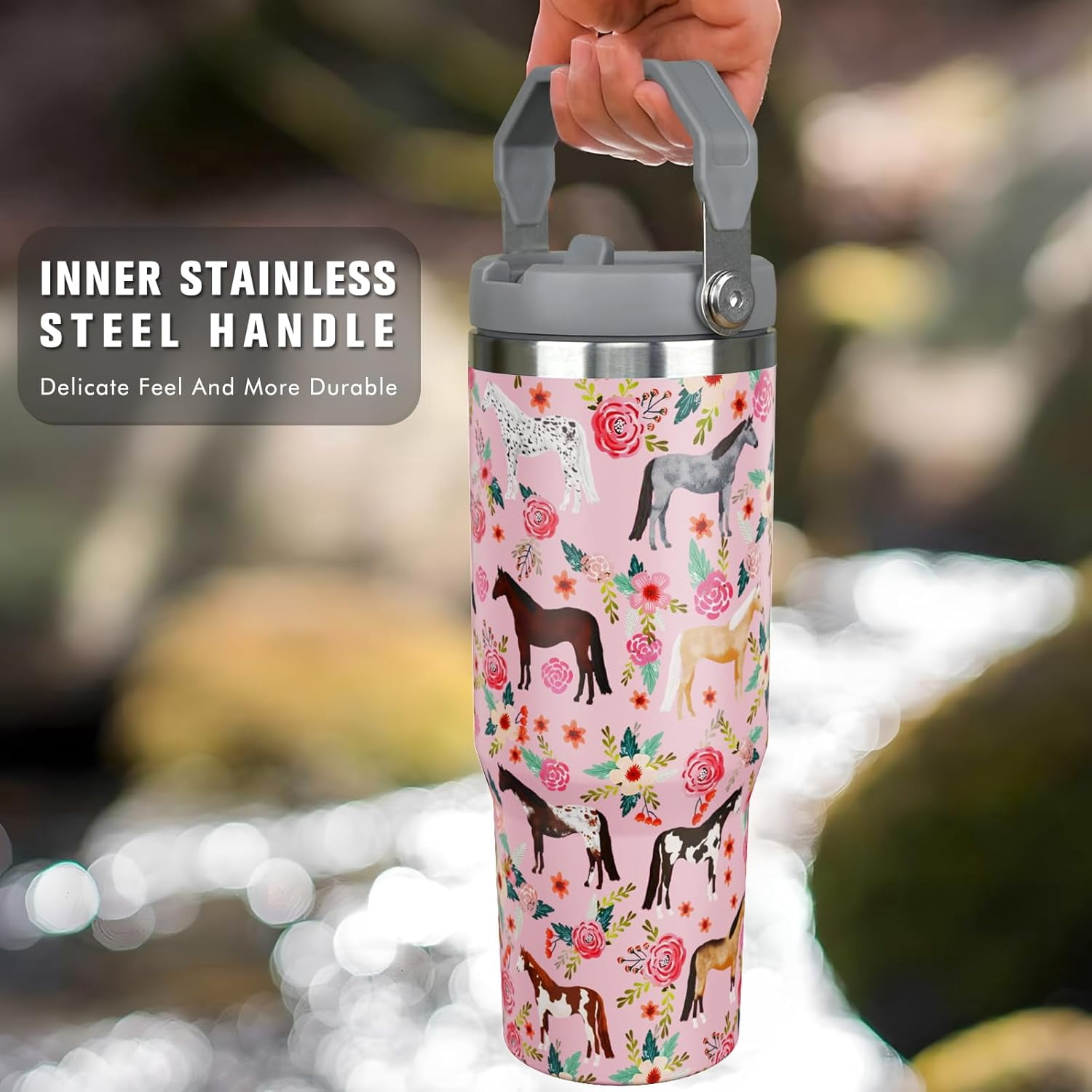30oz Pink Floral Horse Tumbler with Handle & Flip Straw - Vacuum Insulated Stainless Steel Water Bottle, Leakproof Travel Mug - Gift for Equestrian, Women, Girls - Use for Home, Office, Car, Outdoors