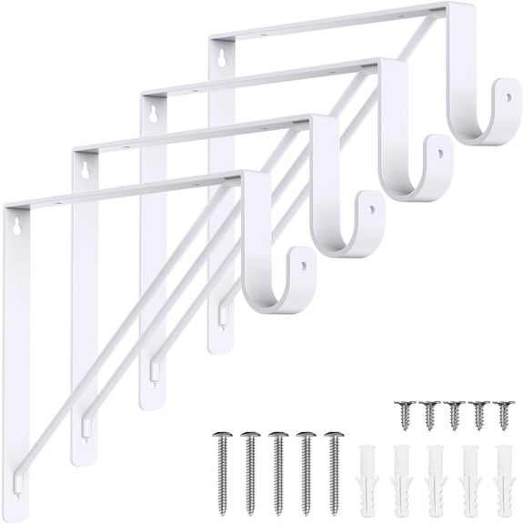 4 Pack Closet Rod Bracket, Heavy Duty Closet Rod Support with Rod Holder, Wall Mounted Closet Shelf Brackets with Triangle Stabilizing Design for Closet, Bathroom and Kitchen, White