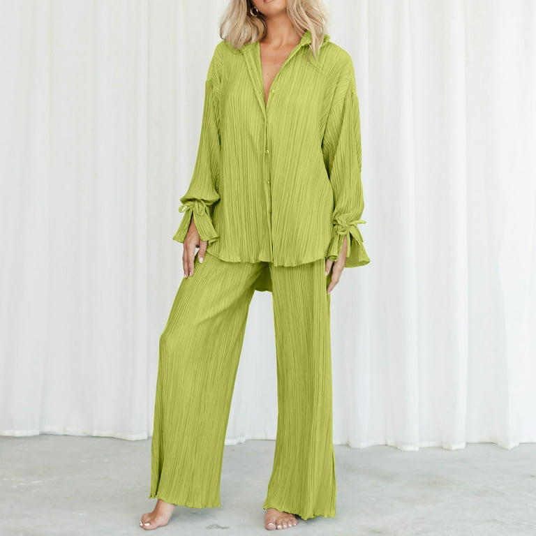 HSMQHJWE Wedding Guest Jumpsuit Formal Women Jacket Women 2 Piece Outfits  Casual Long Sleeve Loose Fit Button Down Shirts Blouses Tops Wide Leg Long