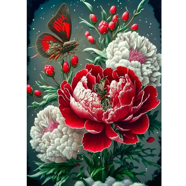 (LP239) Serie Flores Peonía Y Mariposa Con Diamantes Redondos Pintura Diamantes Resina 30x40CM