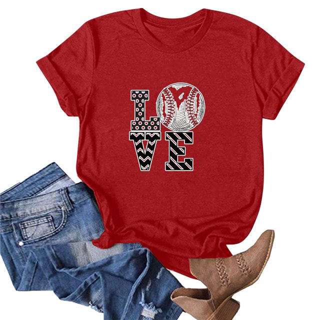 Meichang T-Shirts de Baseball pour Femmes à Cœur d'Amour Col Ras du Cou à Manches Courtes T-Shirt Graphique Coupe Ample Mode Décontractée Hauts T-Shirts Mignons Cadeaux de Mother's Day pour Maman Rouge TTG