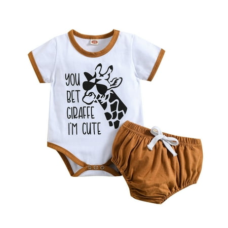 

Lioraitiin 0-24M Newborn Infant Baby Girl 2Pcs Summer Clothing Short Sleeve Animal Printed Bodysuit Top Solid Shorts