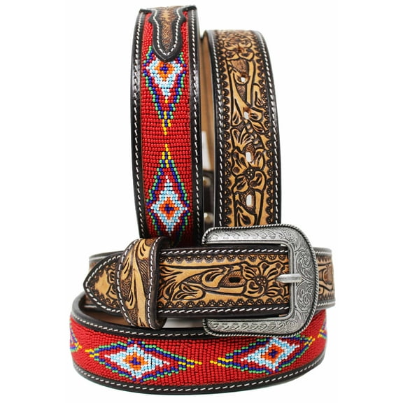41-42  Unisex 1.5" Western Floral Tooled Beaded Full-Grain Leather Belt 26RT27A