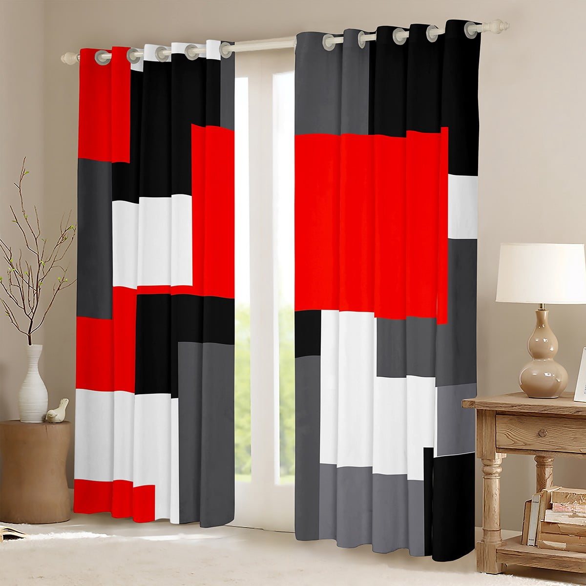 Erosebridal Abstract Plaid Curtains Pack of 2 (42Wx63L),Sqare Rectangle Black Out Curtains,Geometric Grid Curtains for Living Room,Geometry Room Decorative