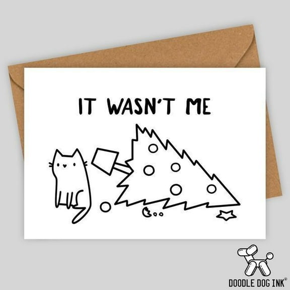 Funny Cat Holiday Card – "It Wasn't Me" Design with Christmas Tree – Blank Inside, Includes Envelope – Perfect for Cat Lovers and Holiday Greetings