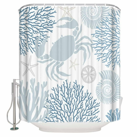 Summer Shower Curtain, 60" x 72", Blue Grey Crab Coral Seashell Nautical Coastal Ocean Waterproof Bathroom Curtain Washable Shower Curtain Set with 12 Hooks